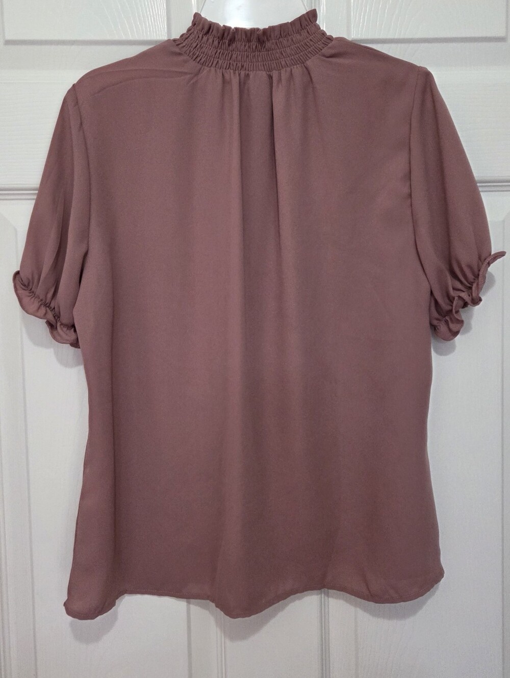 SHEIN Privé Frill Trim Mock Neck Puff Sleeve Short Sleeve Pink Blouse Sz Medium - Picture 9 of 10